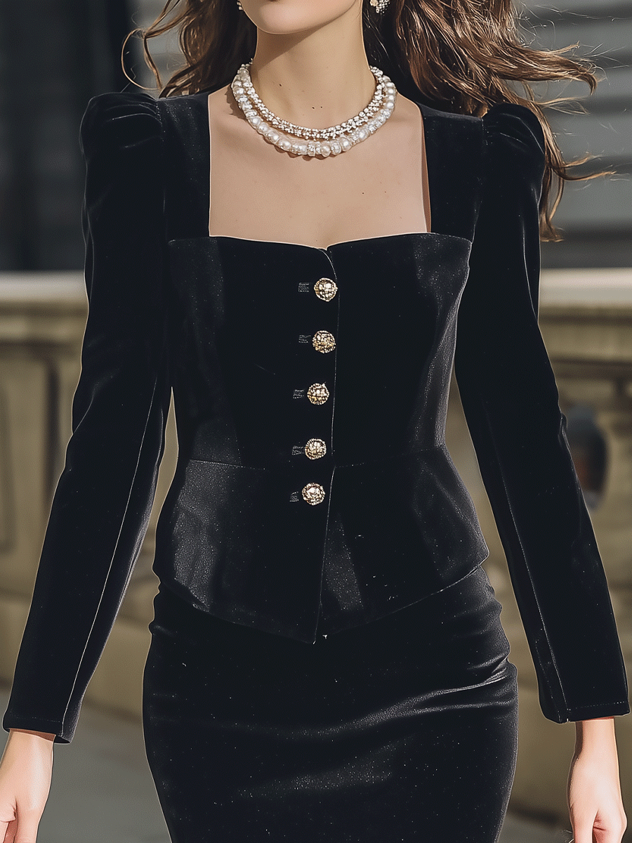 Black Velvet Gold-Button Mini Dress MollyBoo