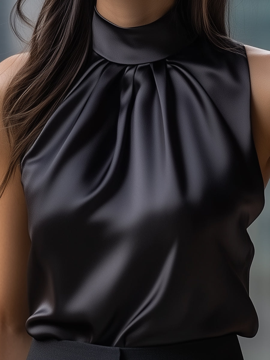 Black Satin High Neck Sleeveless Blouse MollyBoo