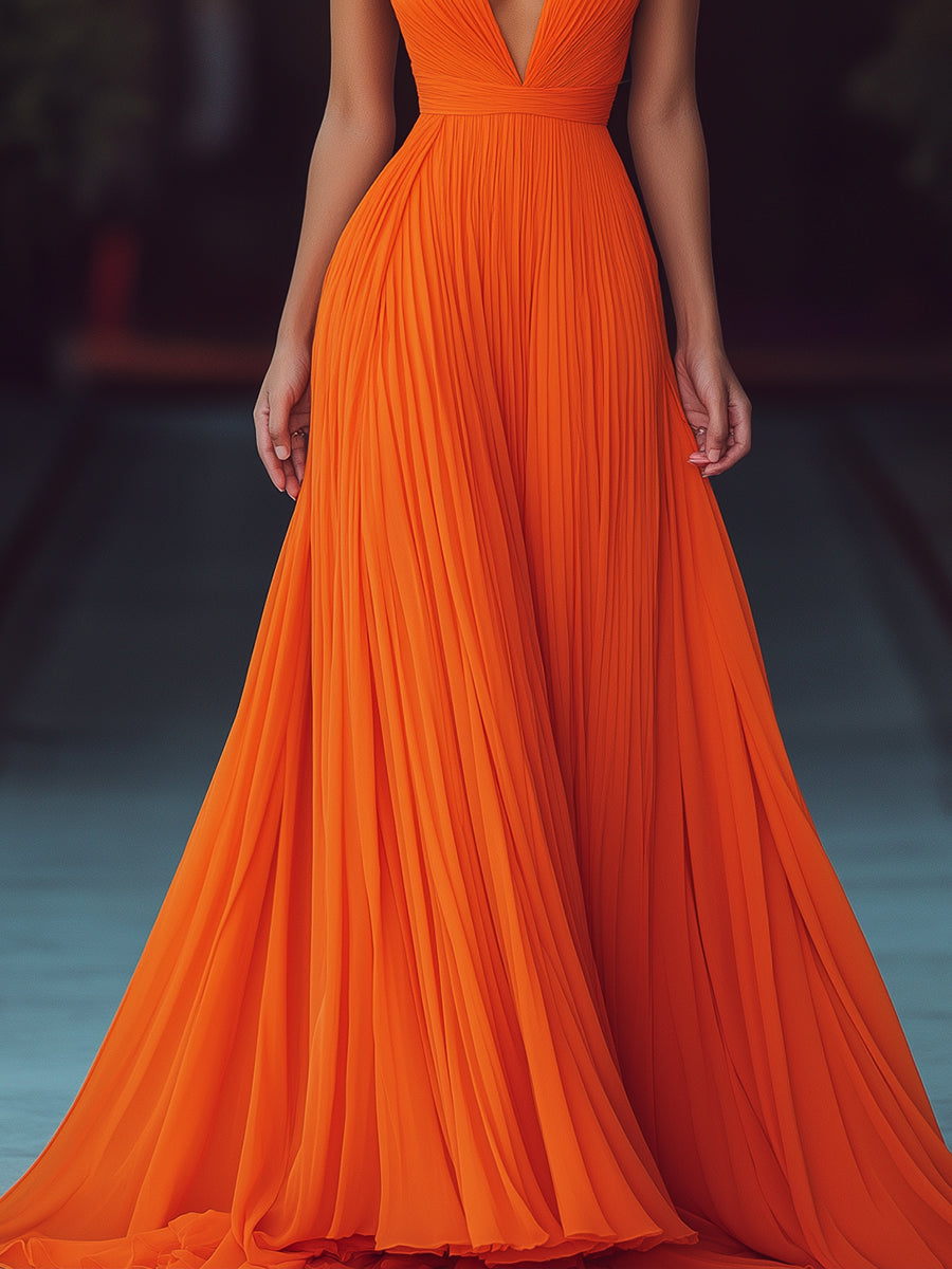 V-neck Halter Pleat Maxi Dress MollyBoo
