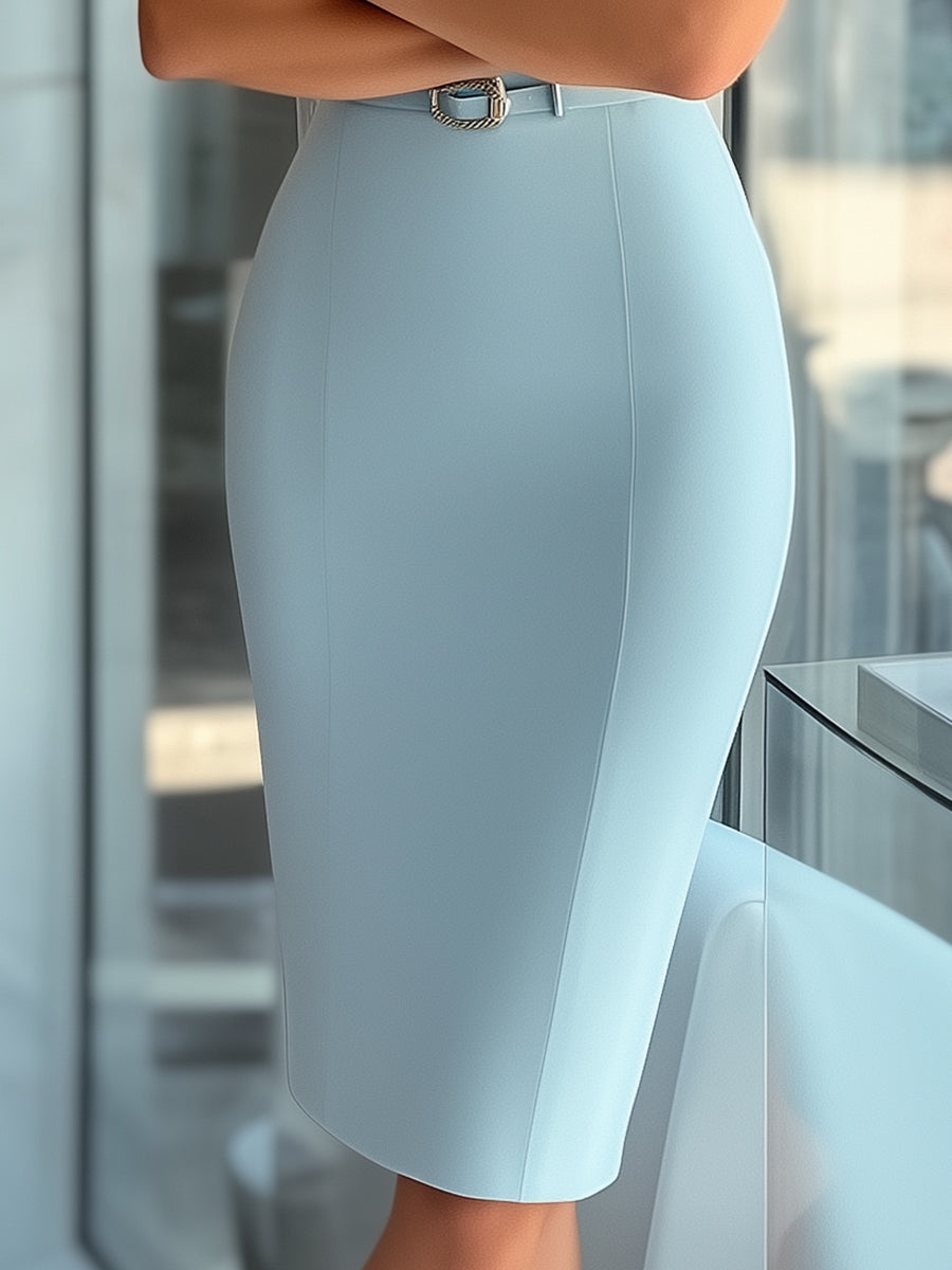 Sleek Sky Blue Asymmetrical Dress with Belt MollyBoo