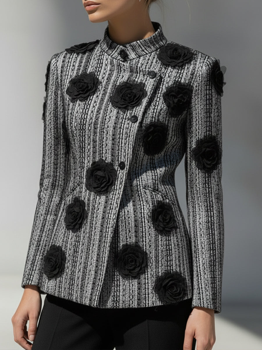 Black & White Striped Jacket With Floral Appliqué MollyBoo