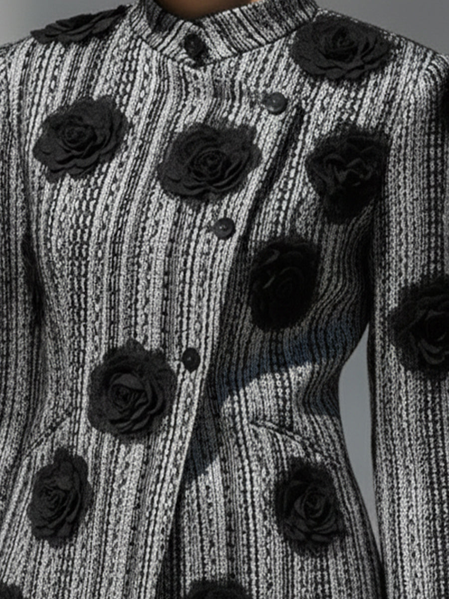 Black & White Striped Jacket With Floral Appliqué MollyBoo