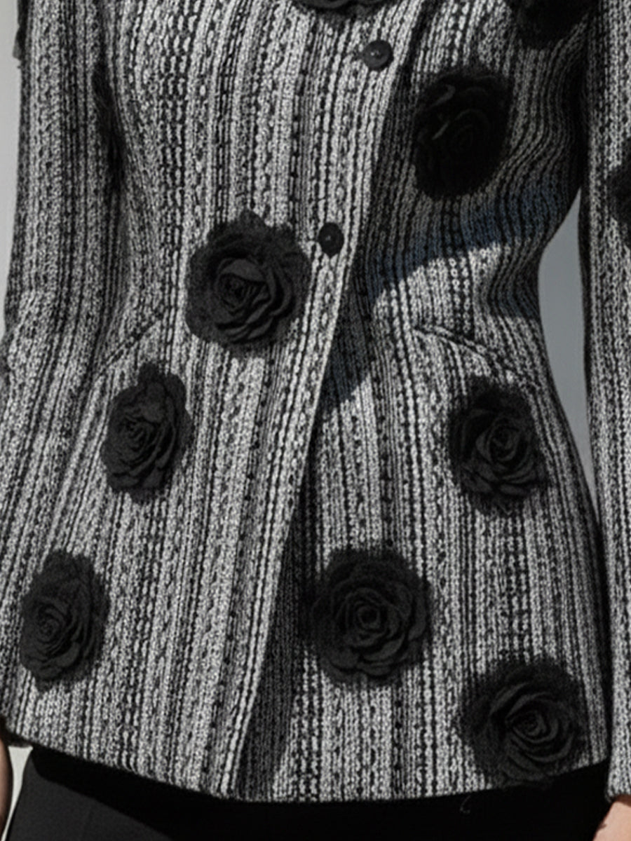 Black & White Striped Jacket With Floral Appliqué MollyBoo