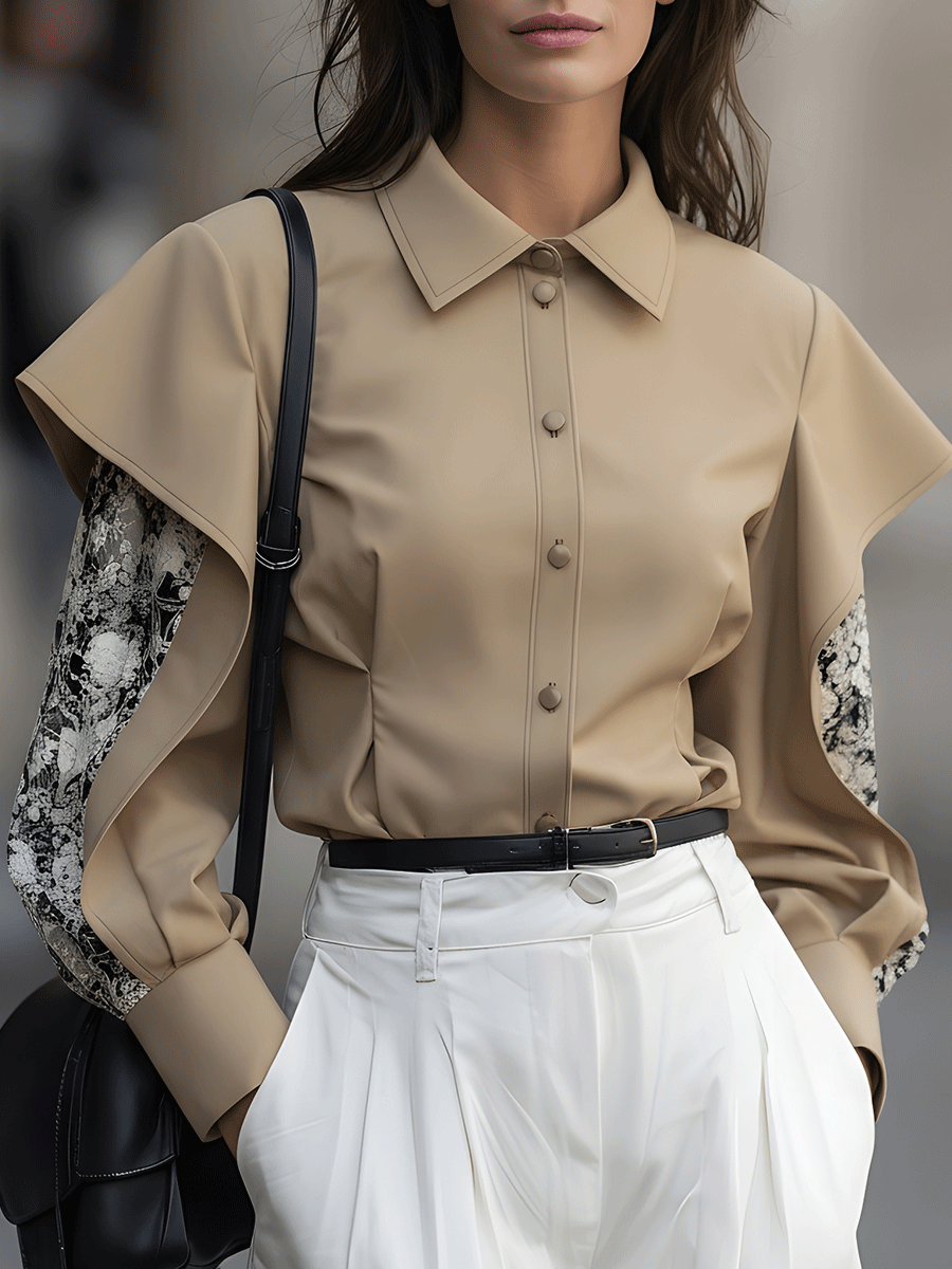 Taupe Button-Down Blouse With Draped Overlay Sleeves And Floral Contrast MollyBoo