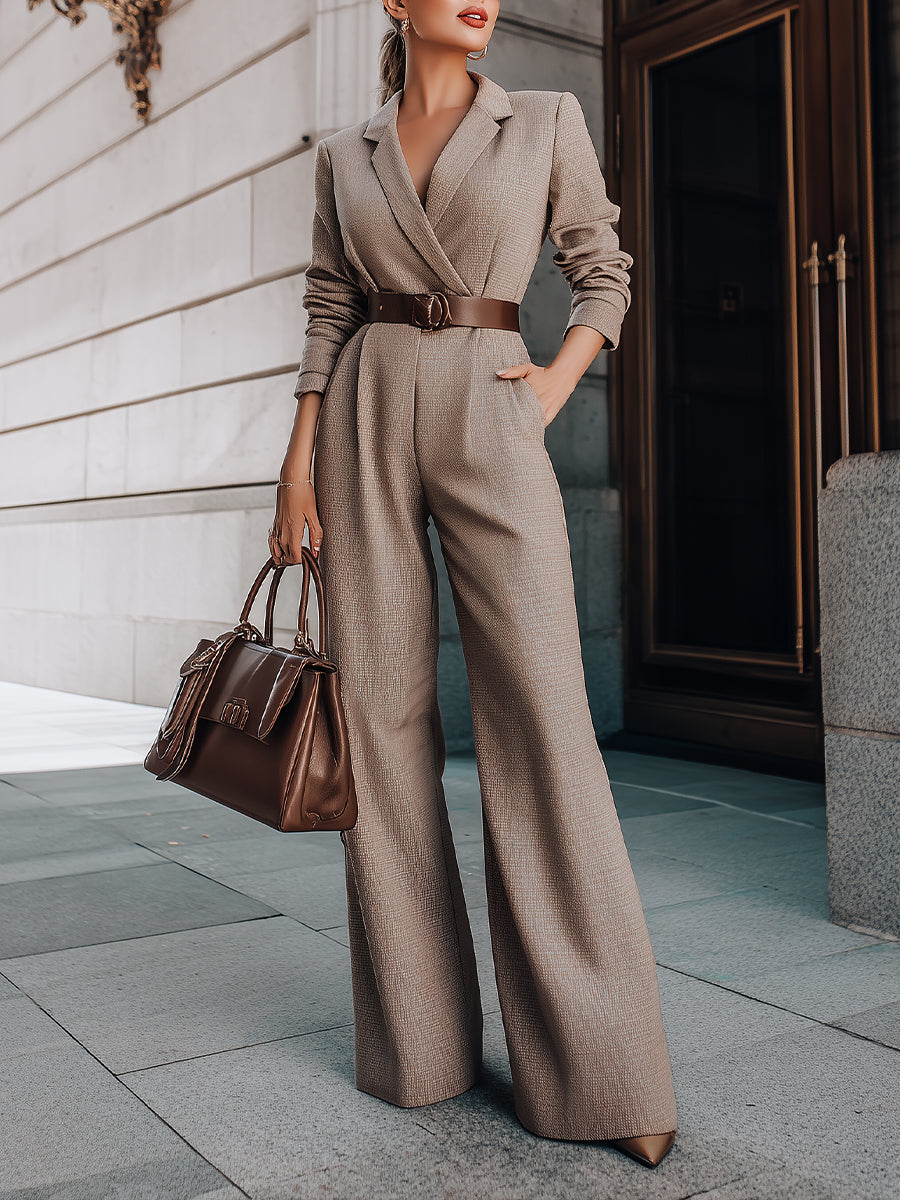 Taupe Belted Blazer Jumpsuit With Wide-Leg Silhouette MollyBoo