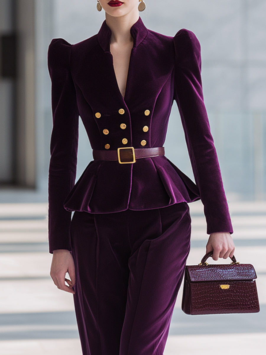 Aubergine Velvet Peplum Suit Set MollyBoo