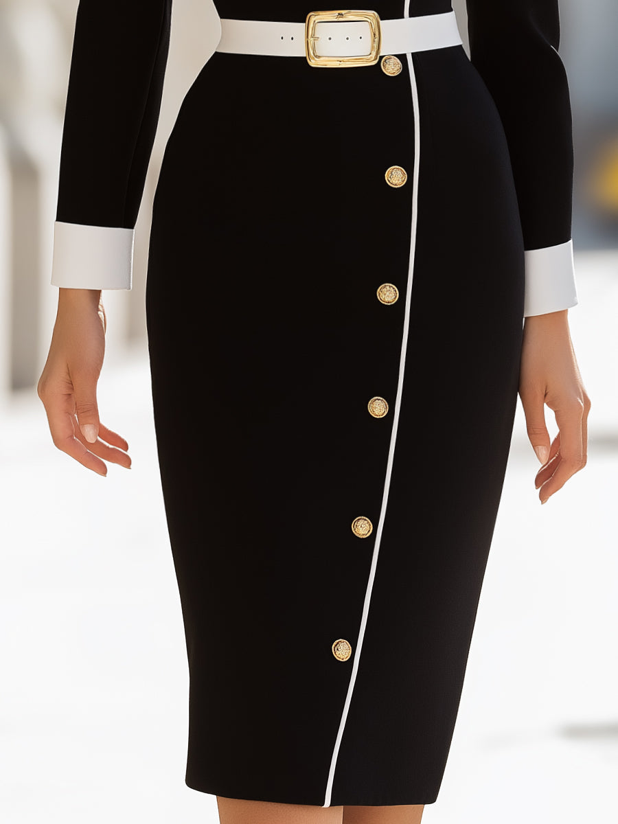 Asymmetrical Buttoned Midi Dress With Contrast Trim MollyBoo