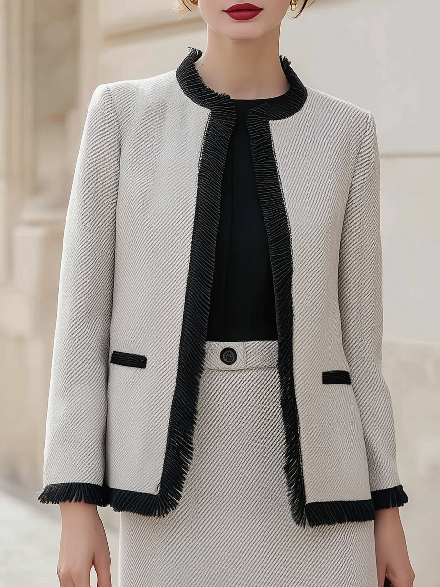Tweed Skirt Suit With Black Fringe Trim MollyBoo