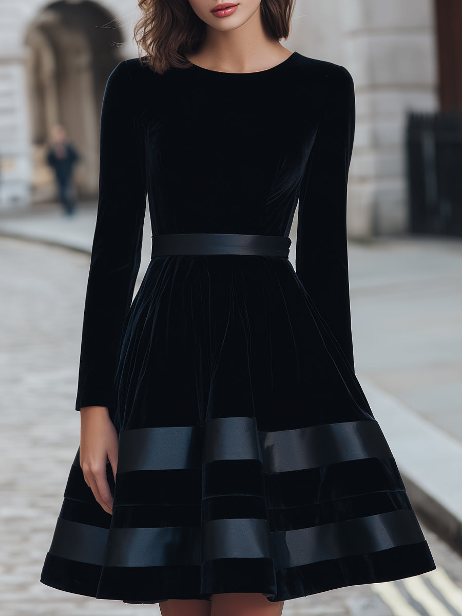 Black Velvet Fit-and-Flare Dress With Satin Stripes MollyBoo