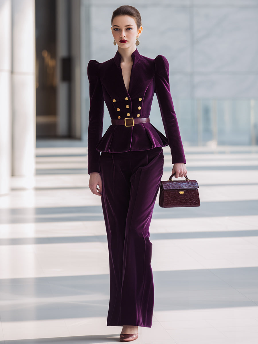 Aubergine Velvet Peplum Suit Set MollyBoo