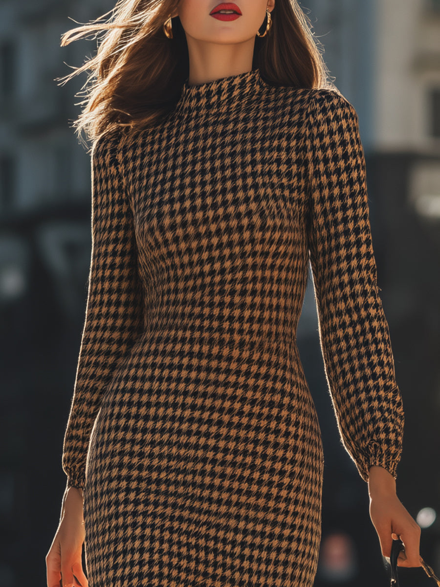 Elegant Houndstooth Mock Neck Midi Dress MollyBoo