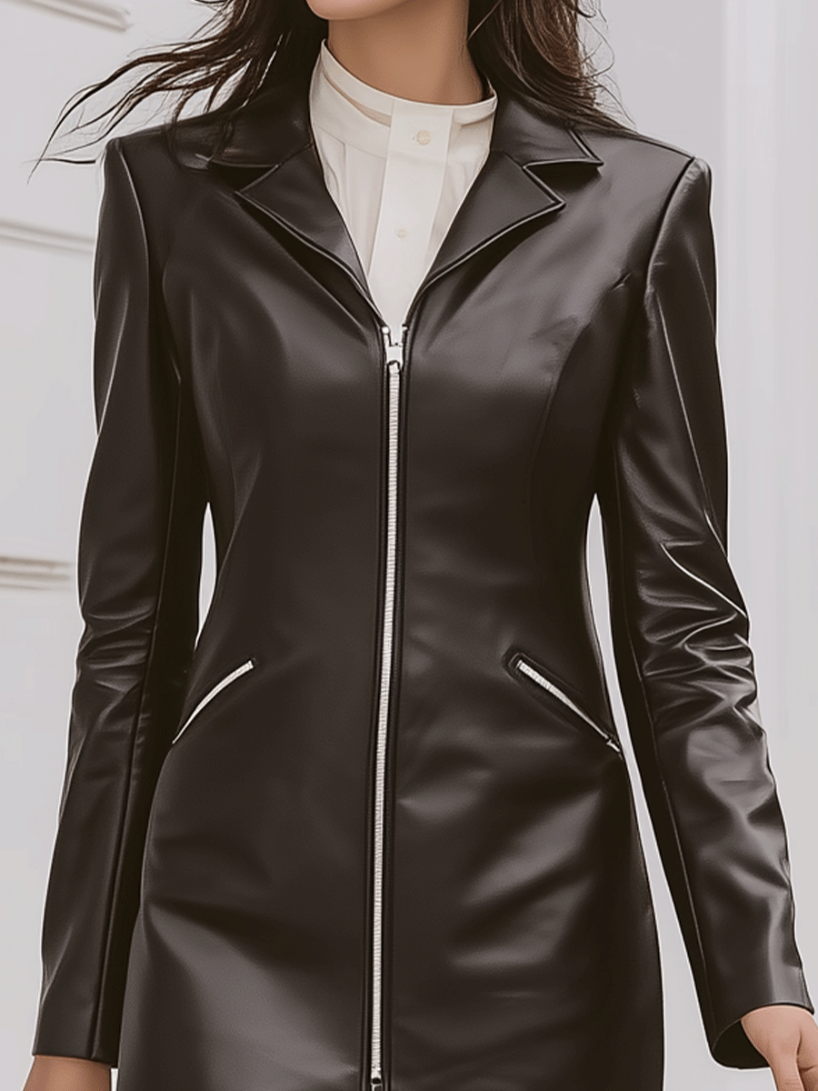 Black Zip-Front Faux Leather Blazer Dress MollyBoo