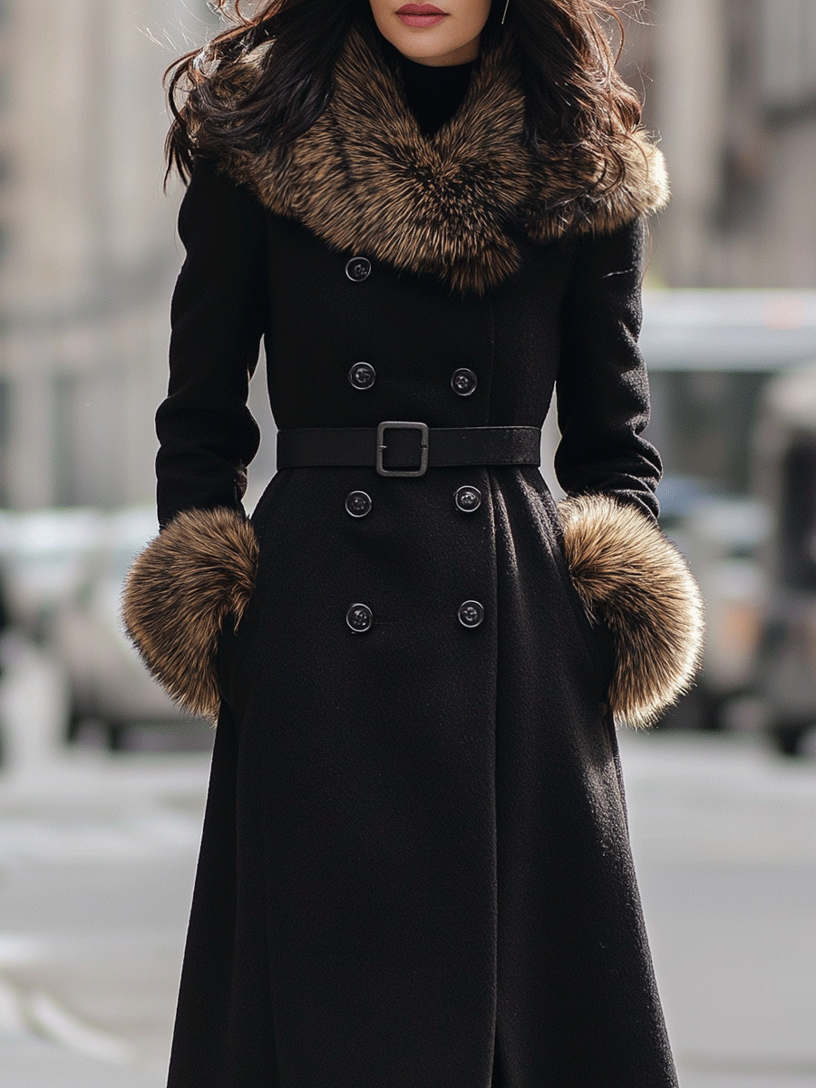 Black Double-Breasted Coat With Faux Fur Collar And Cuffs MollyBoo