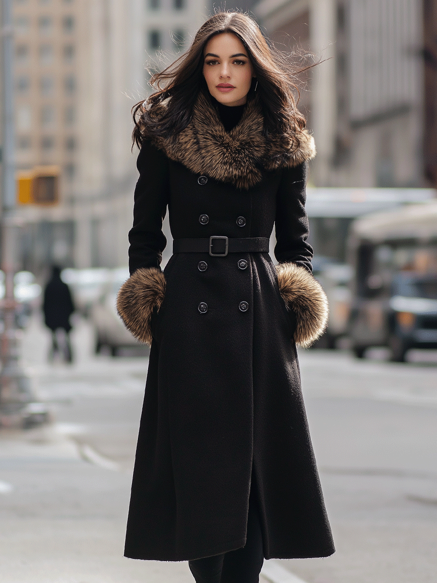 Black Double-Breasted Coat With Faux Fur Collar And Cuffs MollyBoo