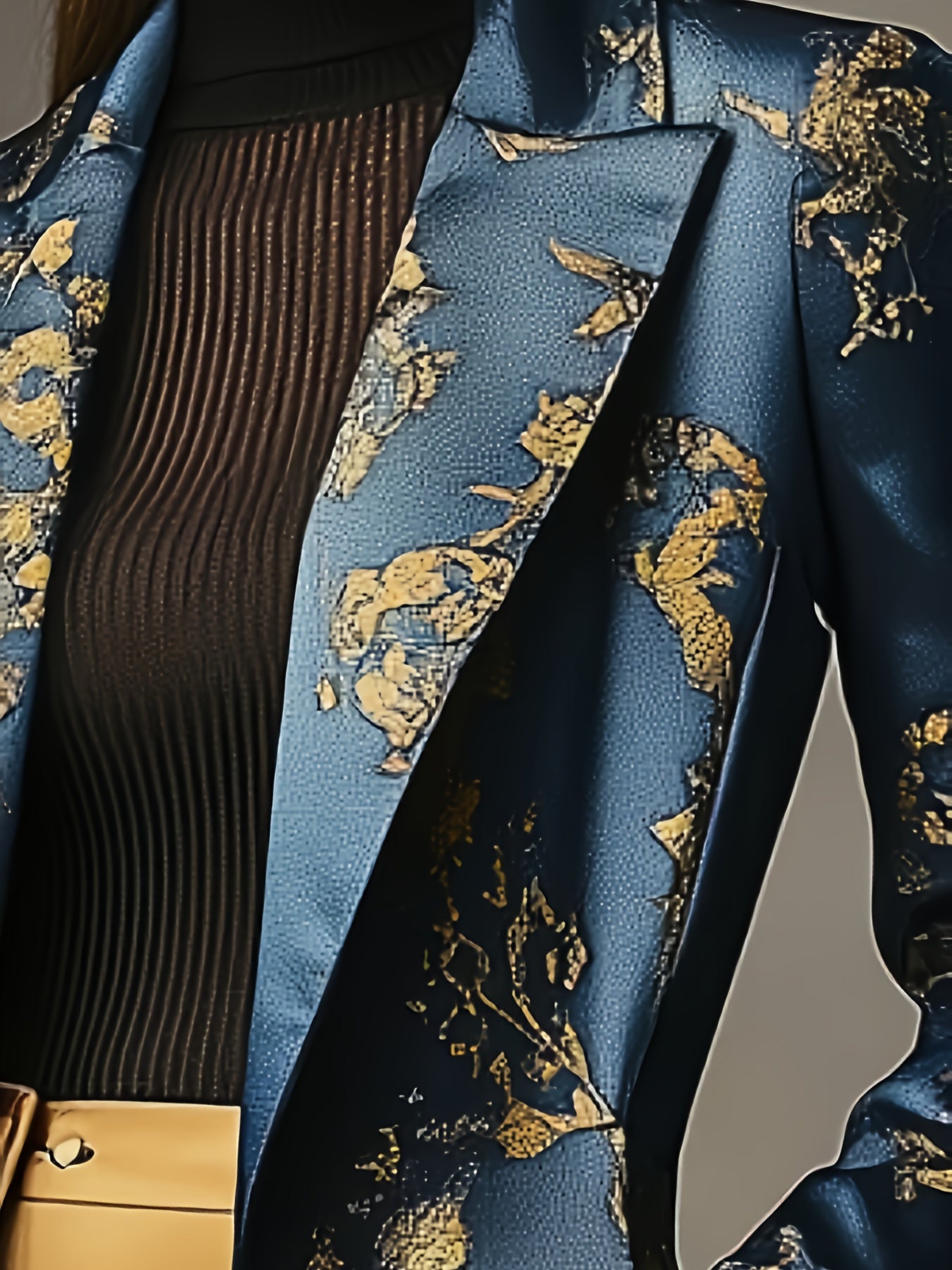 Casaco elegante azul e dourado floral para mulheres - Vestuário exterior formal e de luxo para todos os dias, jaqueta comprida até ao joelho com fecho de botão único, roupa feminina sofisticada para todas as estações para festas, escritório MollyBoo