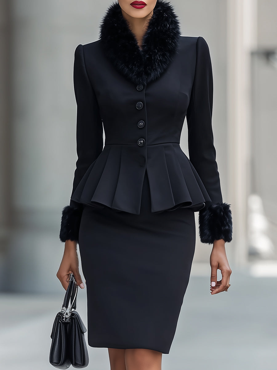 Black Faux Fur - Trimmed Peplum Suit Set MollyBoo