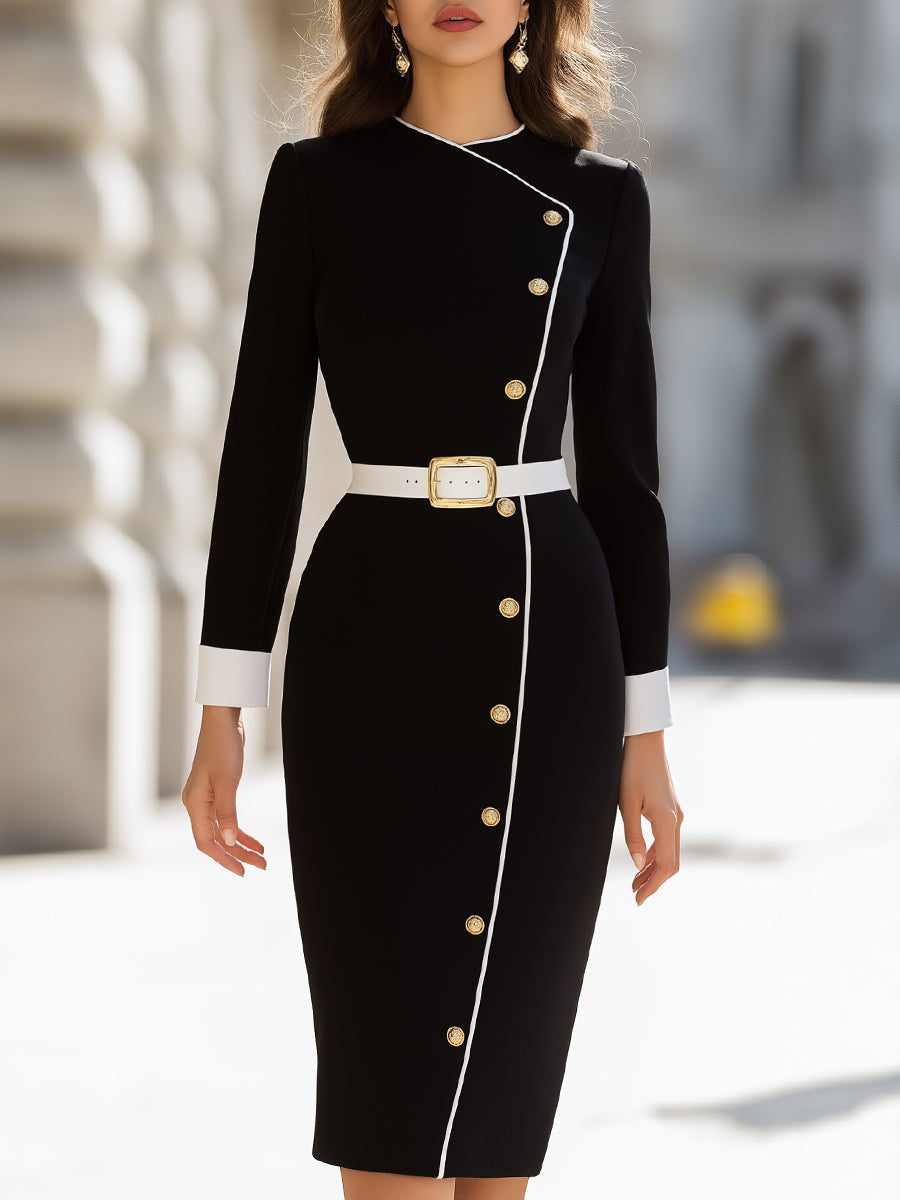 Asymmetrical Buttoned Midi Dress With Contrast Trim MollyBoo