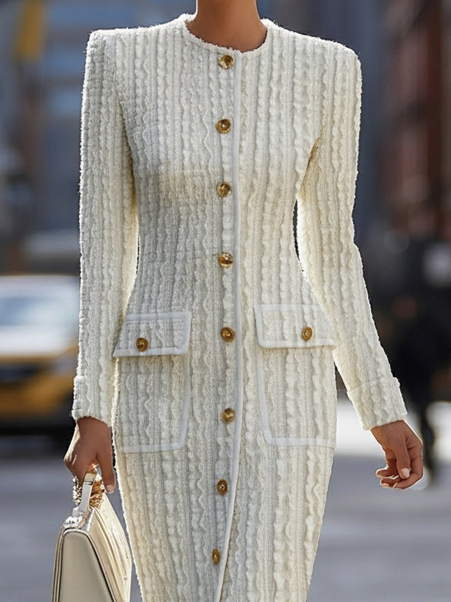 Ivory Textured Knit Midi Dress With Gold-Tone Buttons MollyBoo
