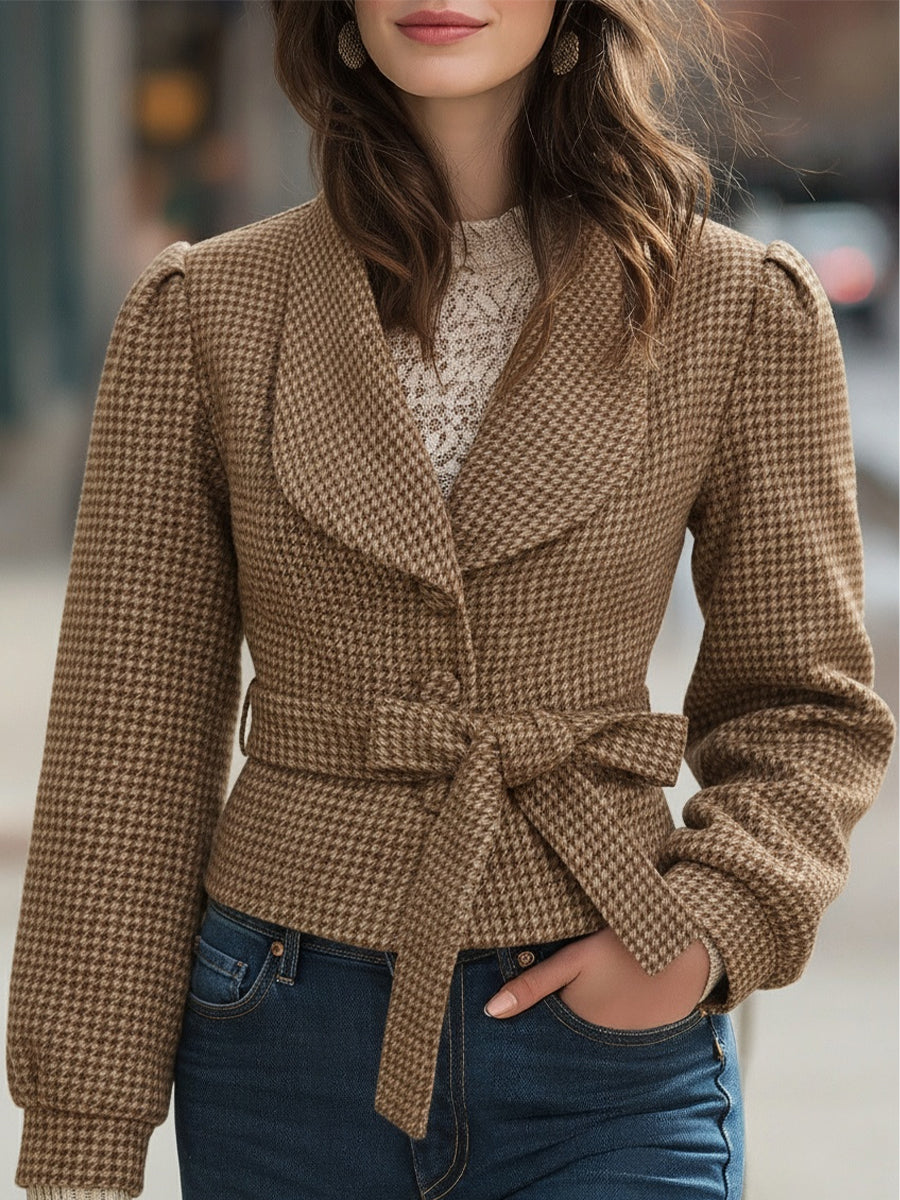 Chic Houndstooth Belted Cropped Coat MollyBoo