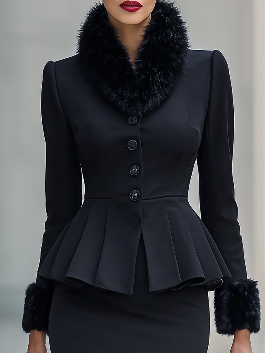 Black Faux Fur - Trimmed Peplum Suit Set MollyBoo
