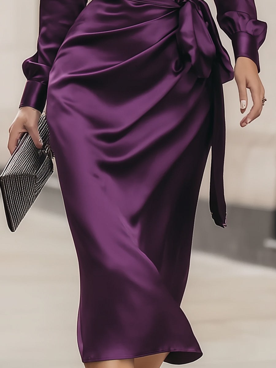 Deep Plum Satin Wrap Midi Dress MollyBoo