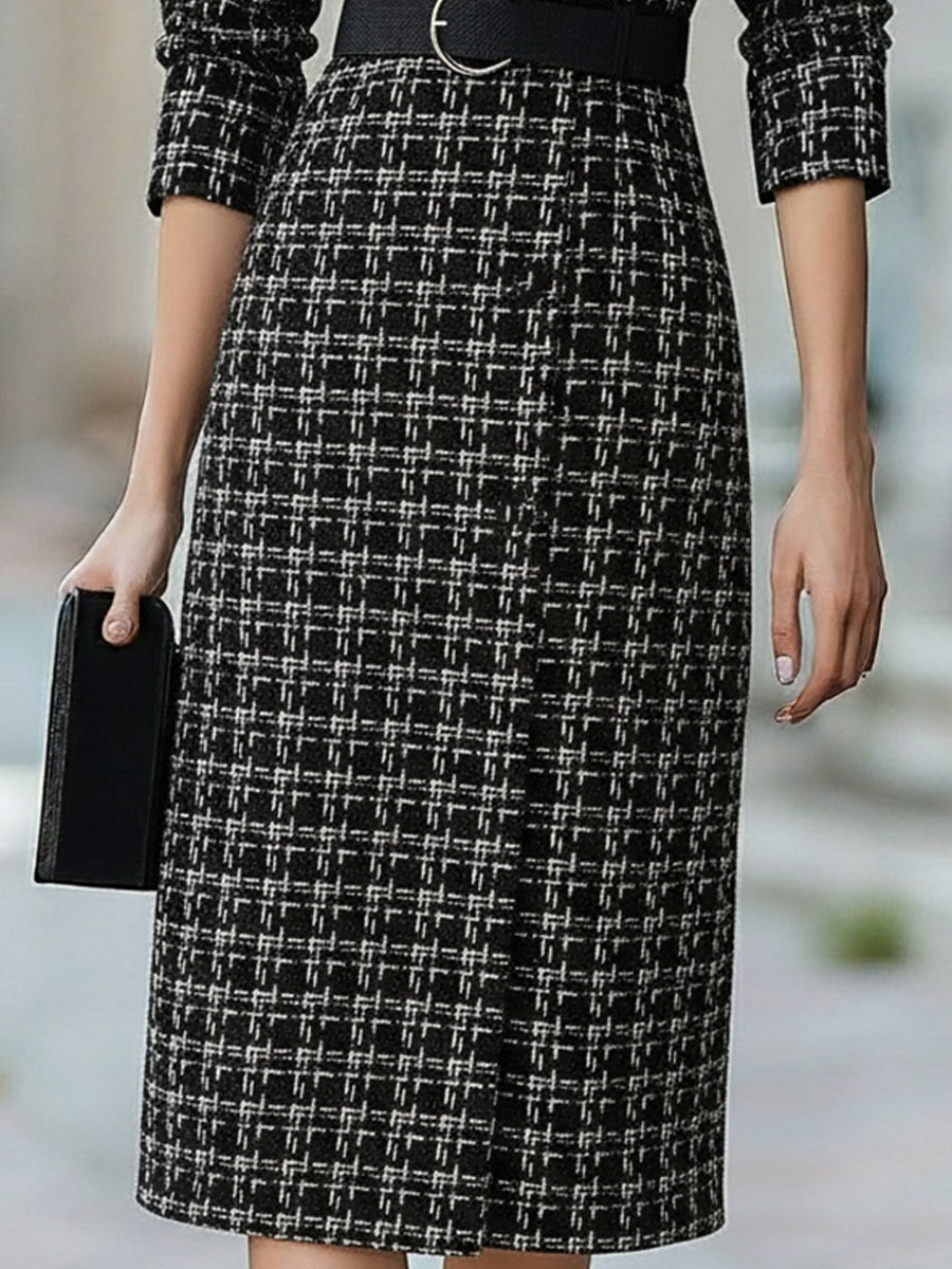 Chic Plaid Belted Tweed Midi Dress MollyBoo