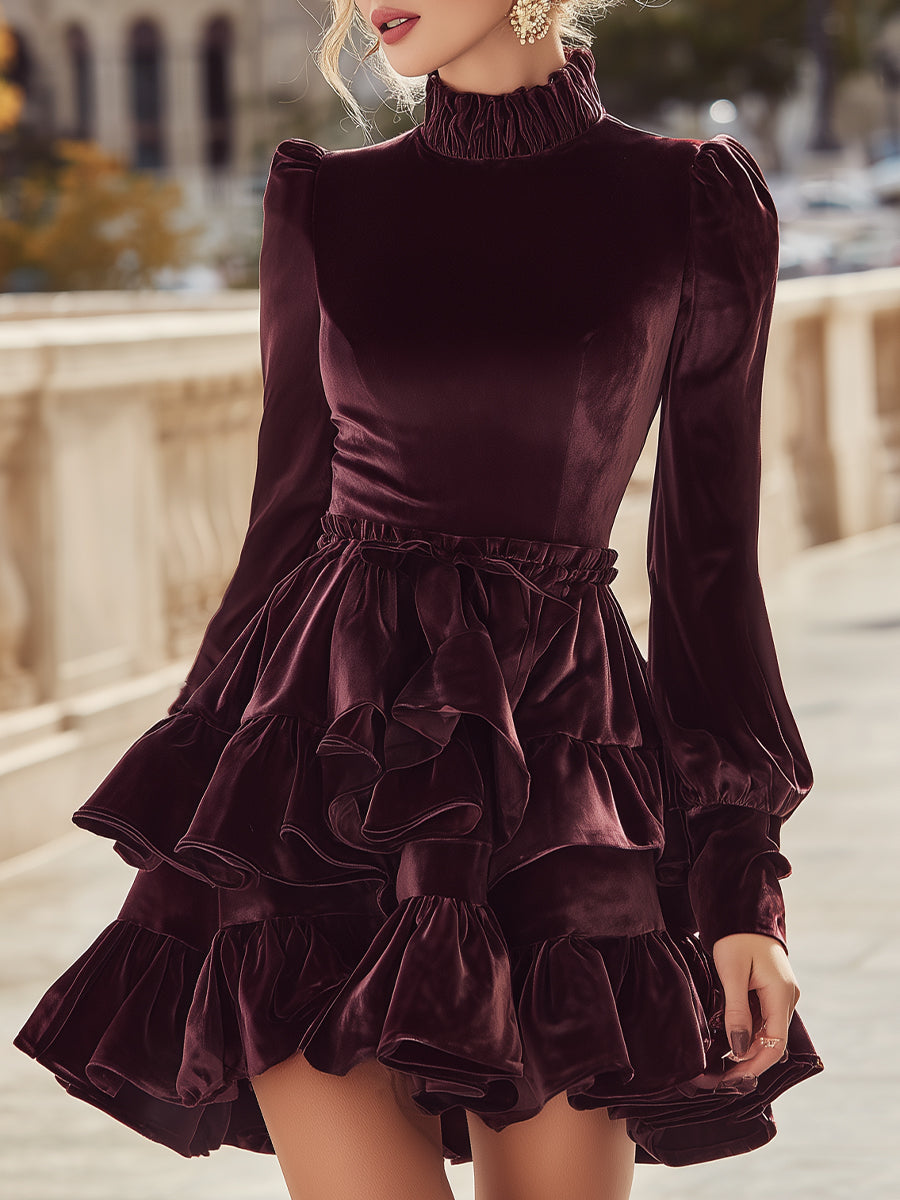 Burgundy Velvet Ruffled Mini Dress MollyBoo