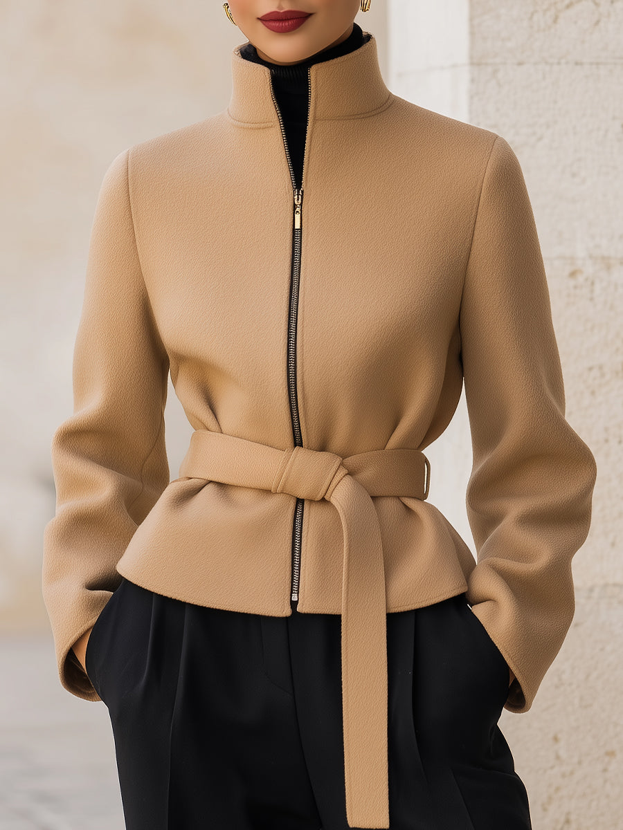 Wool-Blend Belted Zipper Short Coat MollyBoo