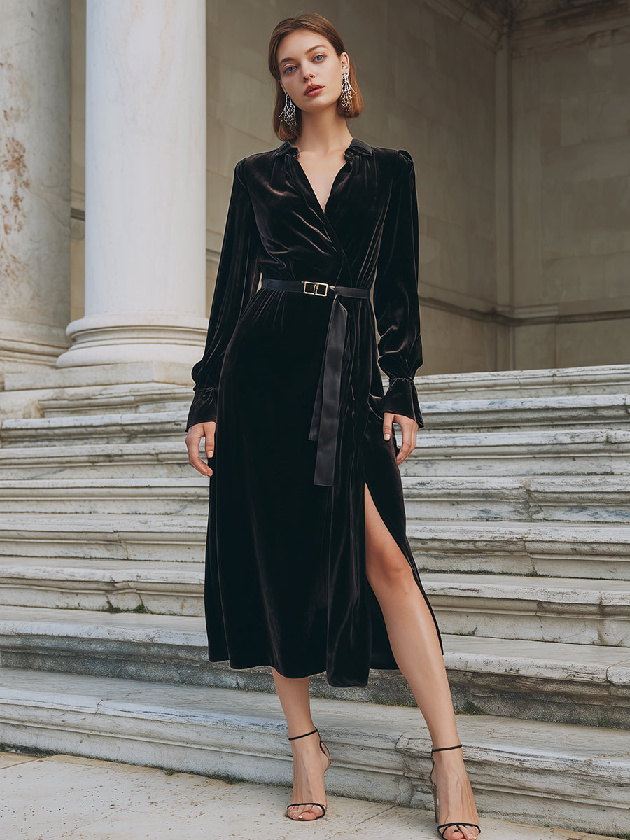 Black Velvet Wrap Dress With Belt MollyBoo