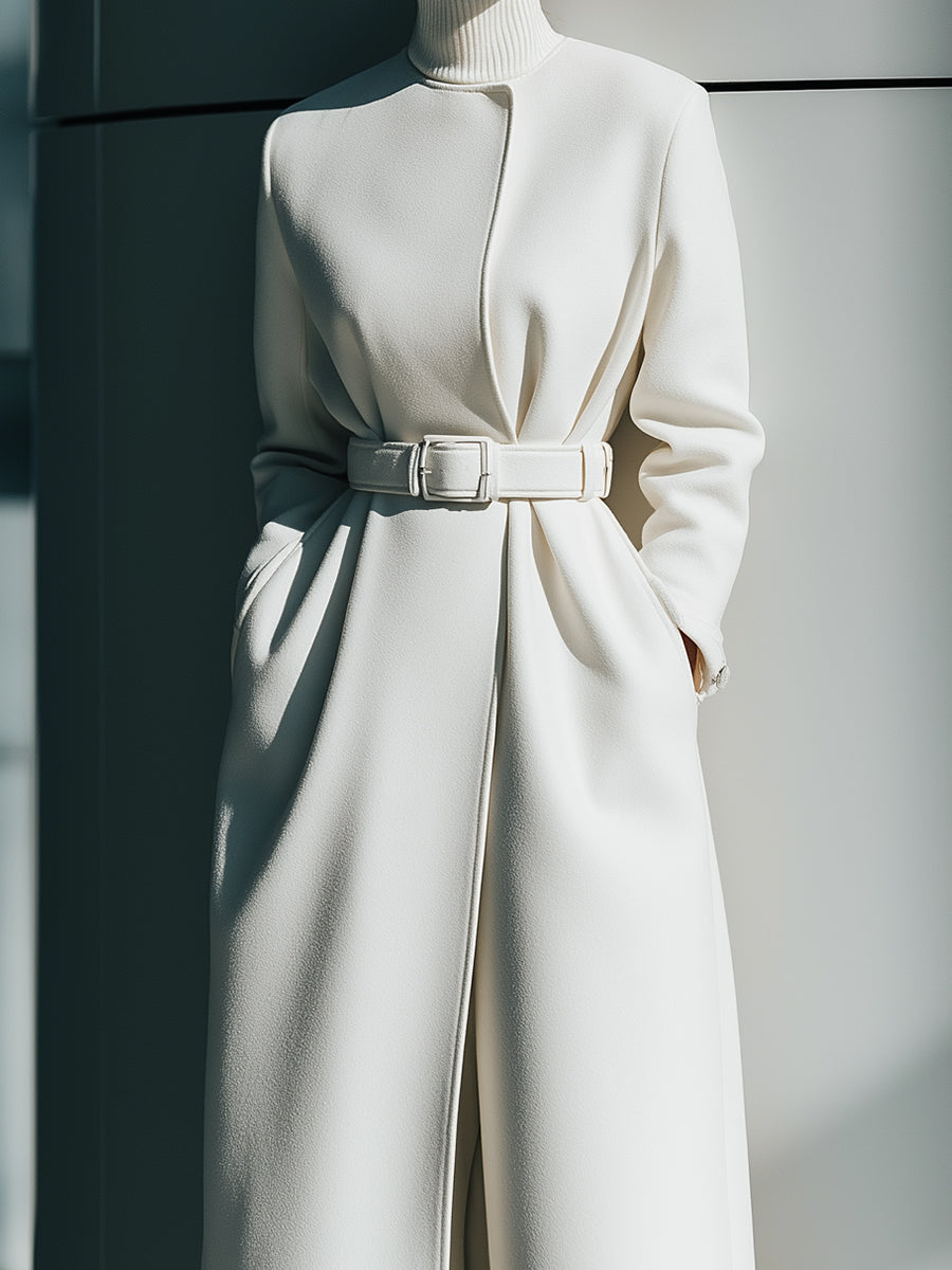 White Belted Minimalist Wool Coat MollyBoo