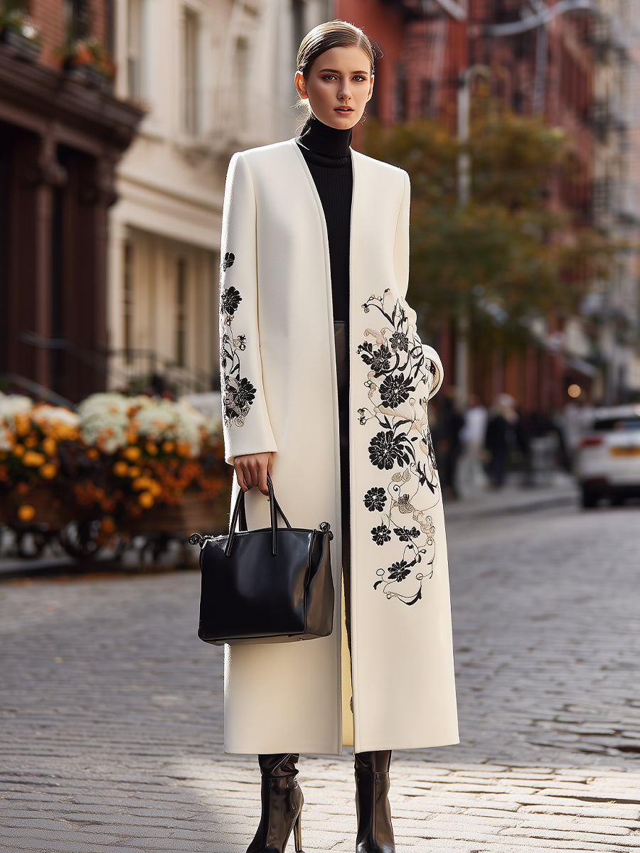 Ivory Longline Coat With Black Floral Embroidery MollyBoo