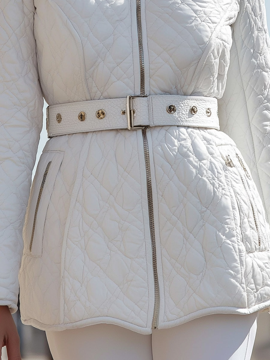 White Quilted Belted Jacket With High Collar MollyBoo