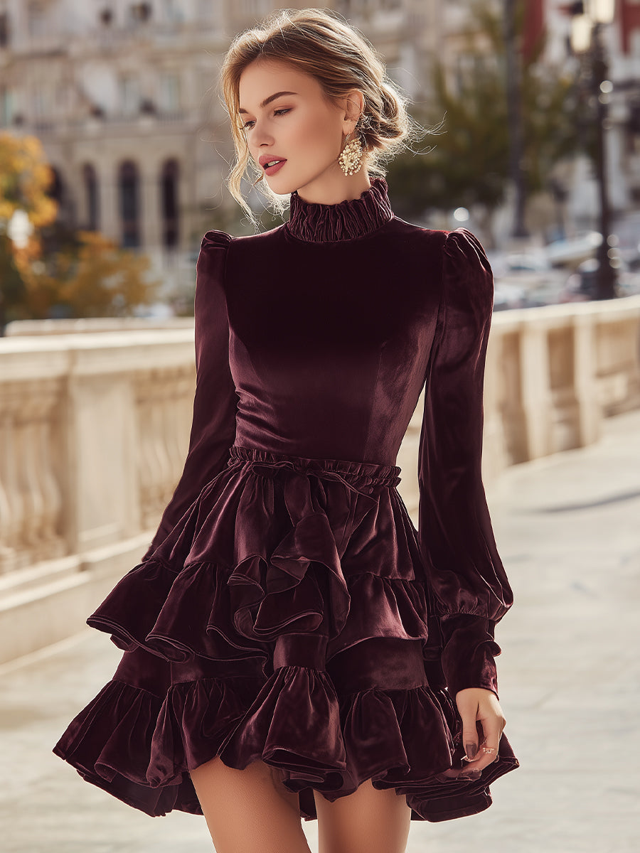 Burgundy Velvet Ruffled Mini Dress MollyBoo
