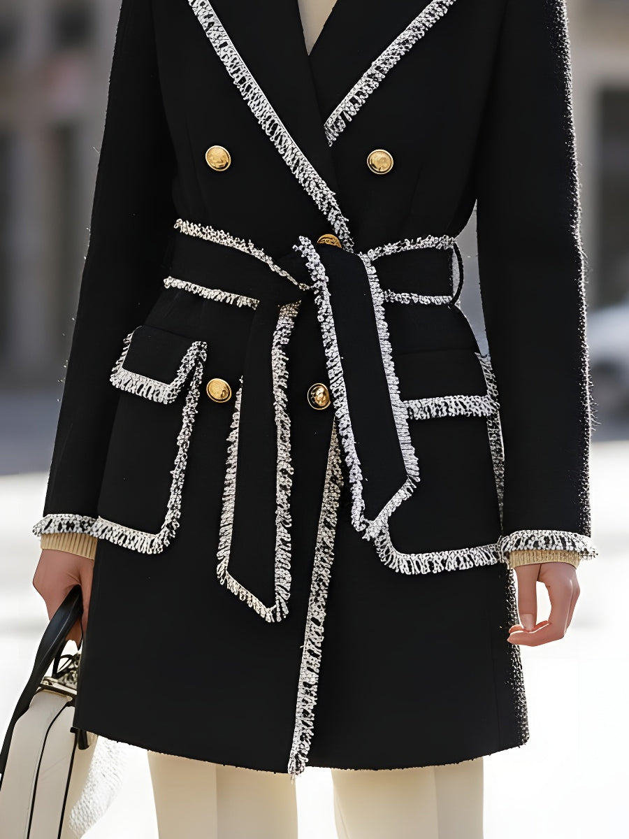 Tweed Double-Breasted Coat With Contrast Fringe Trim MollyBoo