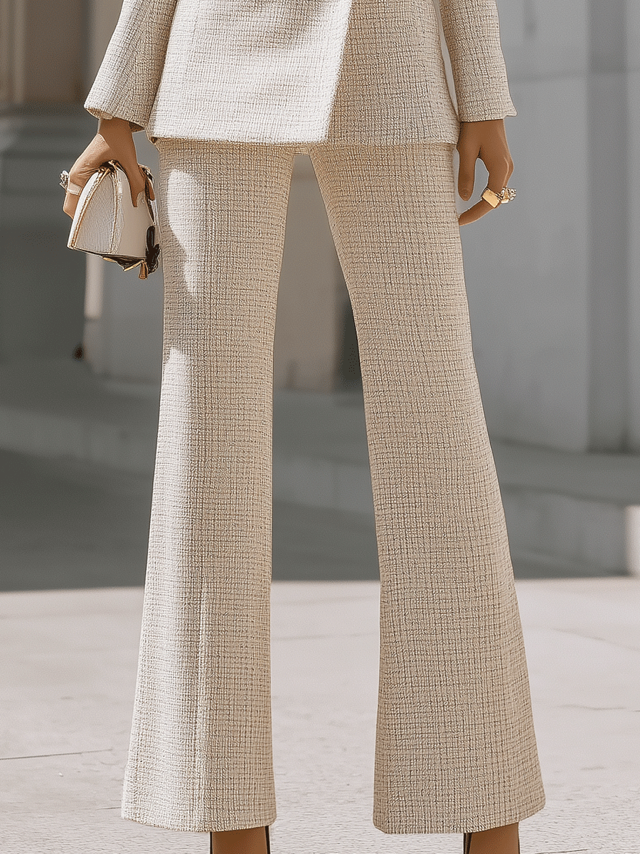 Beige Double-Breasted Tweed Pantsuit With Gold Buttons MollyBoo