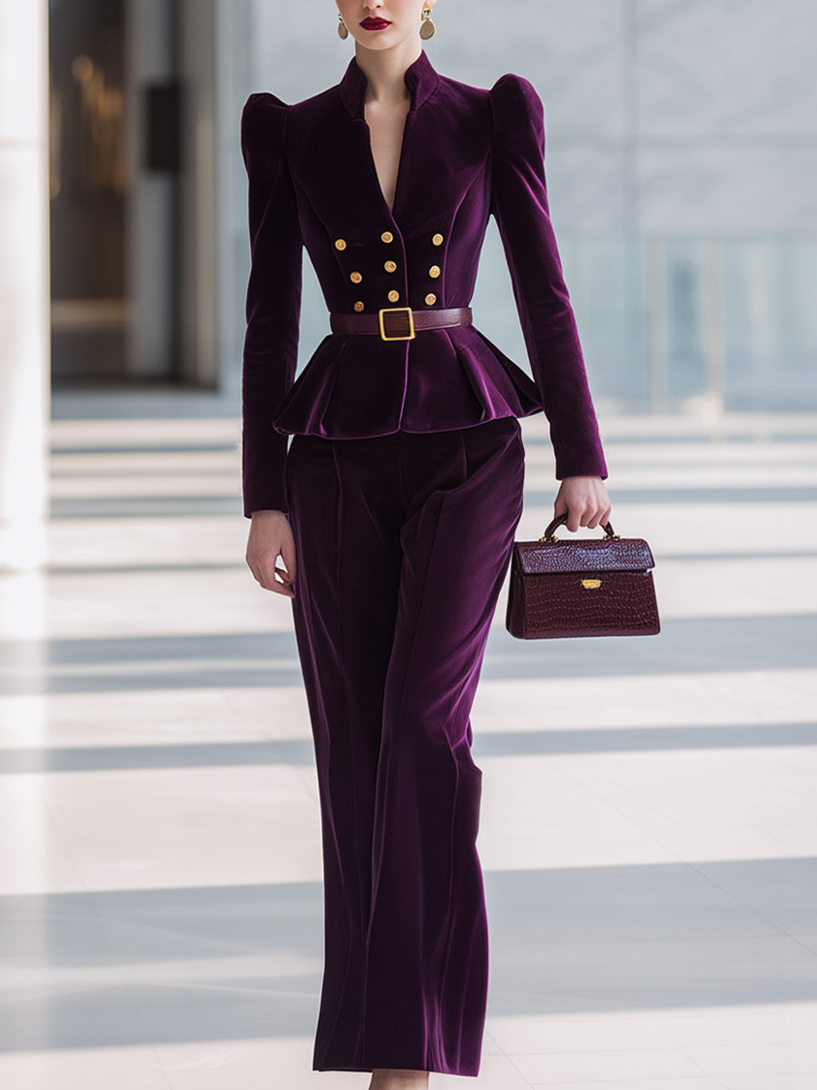 Aubergine Velvet Peplum Suit Set MollyBoo