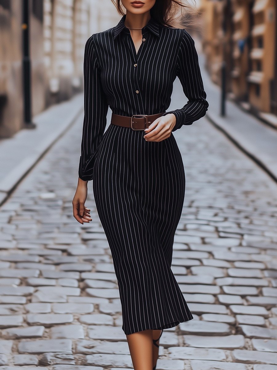 Classic Black Pinstripe Shirt Dress MollyBoo