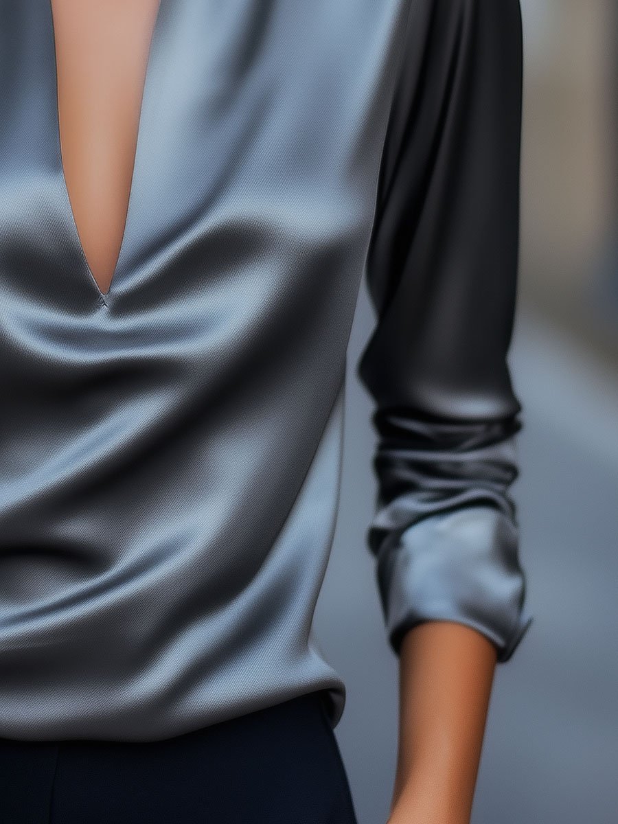 Silver Satin Blouse with Plunging V-Neck MollyBoo