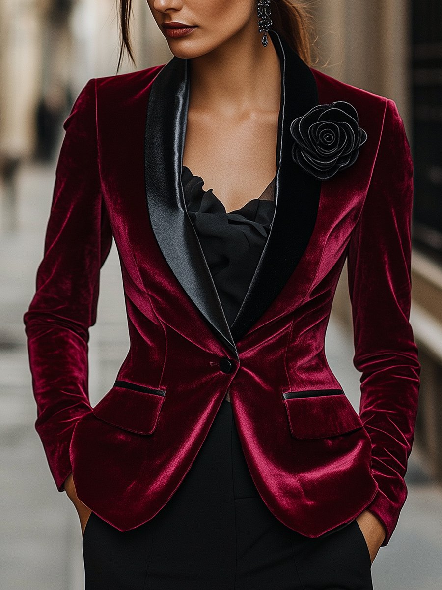 Burgundy Velvet Blazer with Satin Lapels and Black Rose Detail MollyBoo