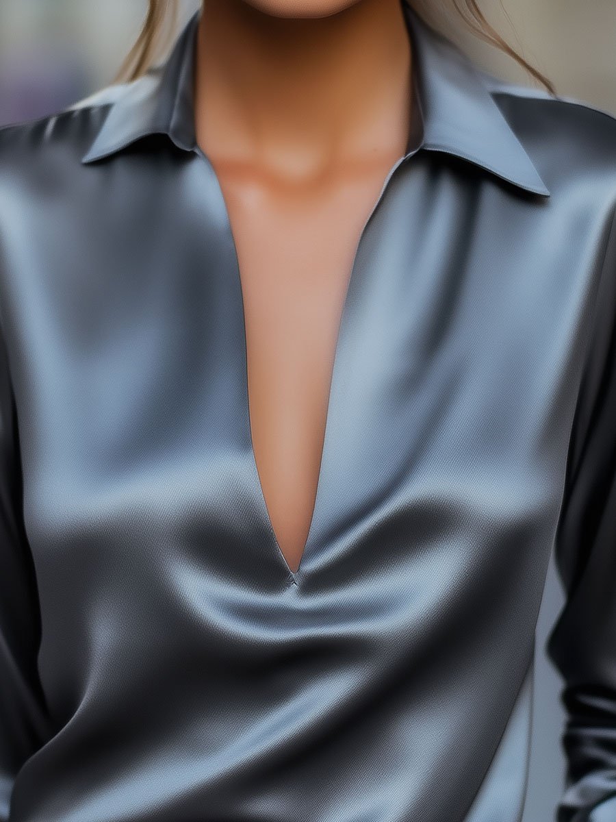 Silver Satin Blouse with Plunging V-Neck MollyBoo