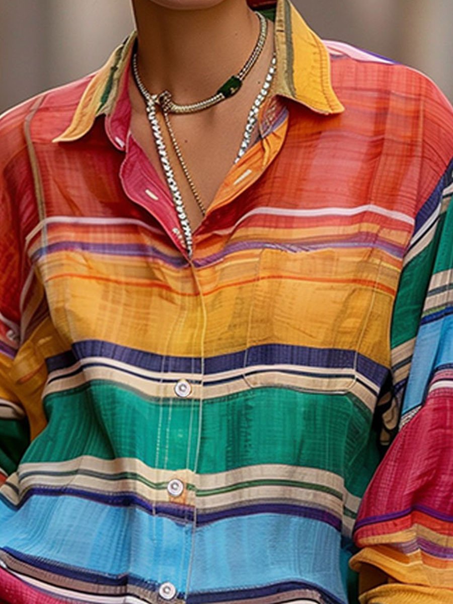 Chic Shirt Collar Rainbow Stripes Linen Blouse MollyBoo