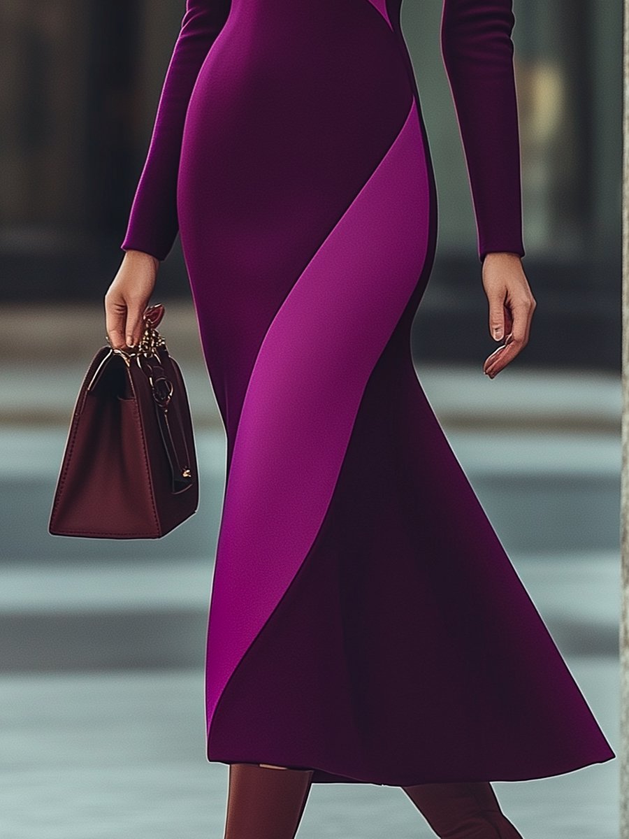 Elegant Plum and Lavender Slim-Fit High-Neck Dress MollyBoo