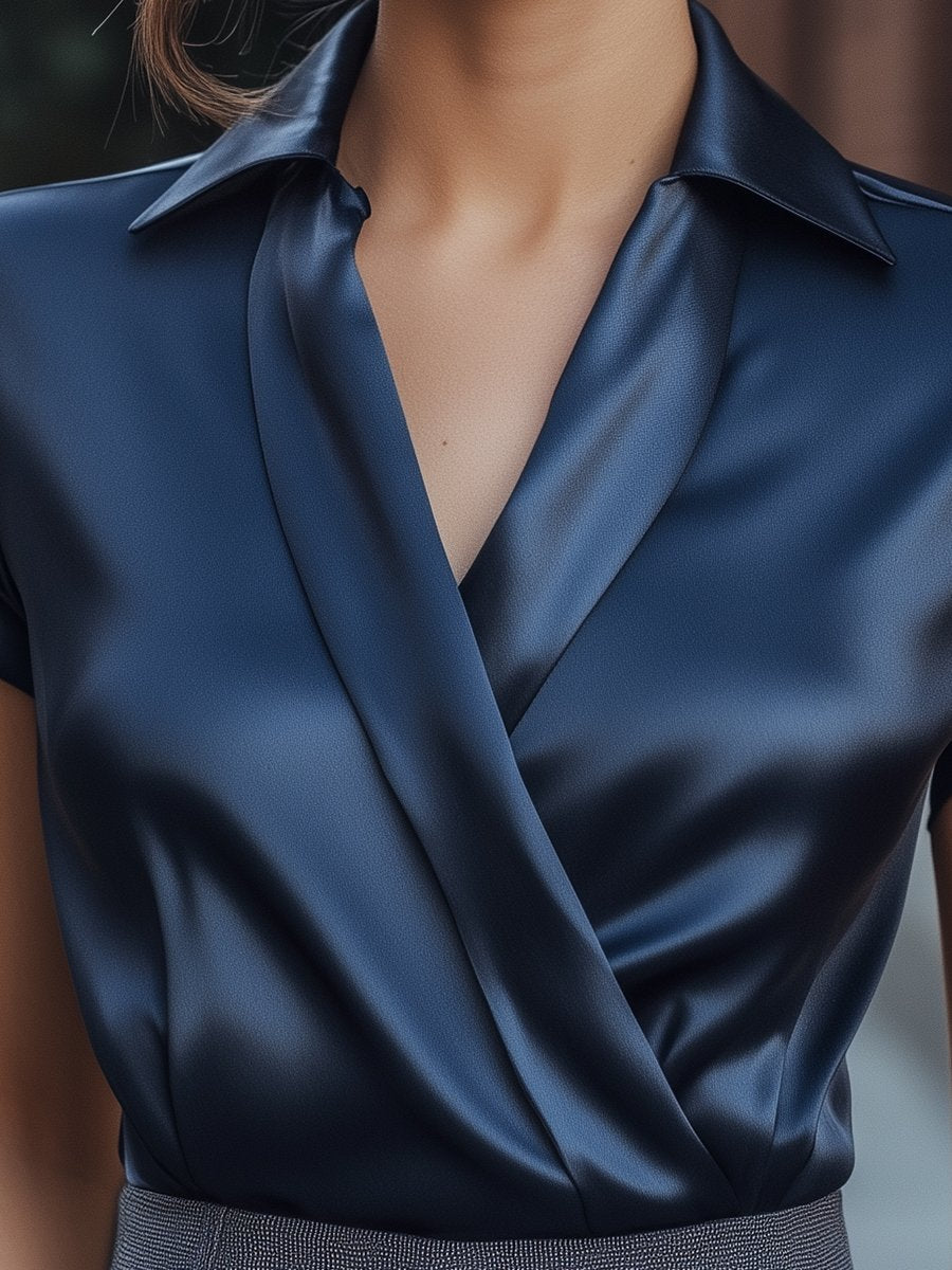 Navy Satin Short-Sleeve Wrap Blouse MollyBoo