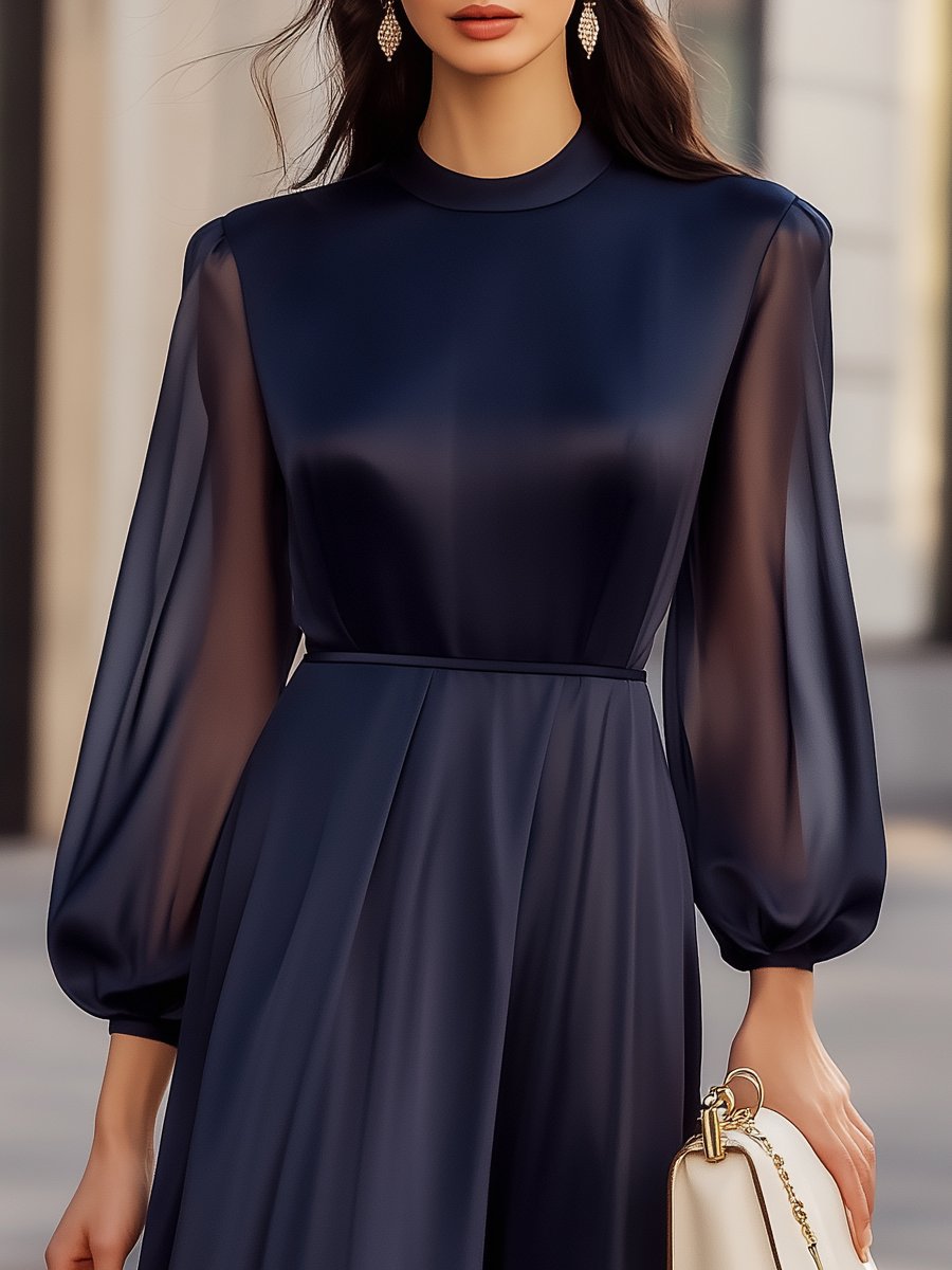 Elegant Navy Chiffon Dress with Sheer Sleeves MollyBoo