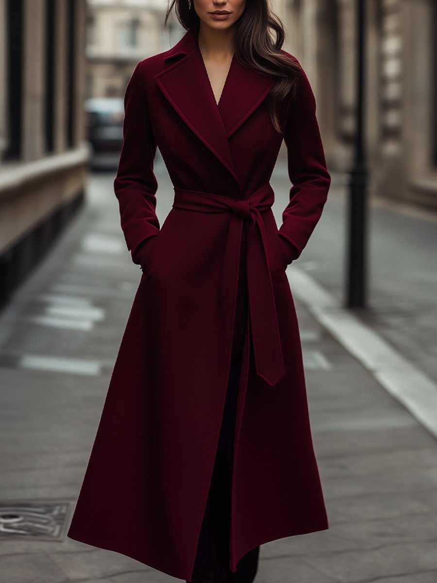 Structured Burgundy Wool Trench Coat with Feminine Fit MollyBoo
