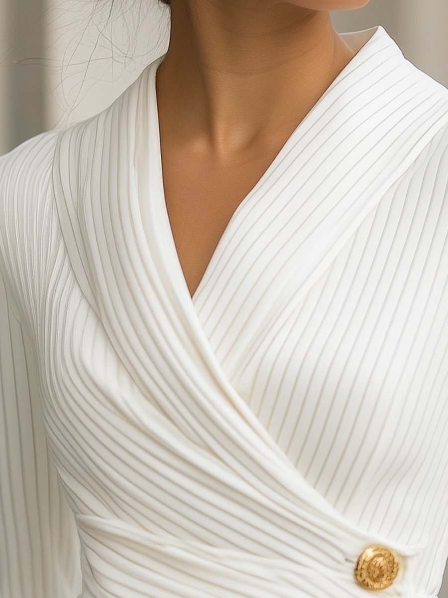 White Stripes Pleated Wrap Blouse with Gold Buttons MollyBoo