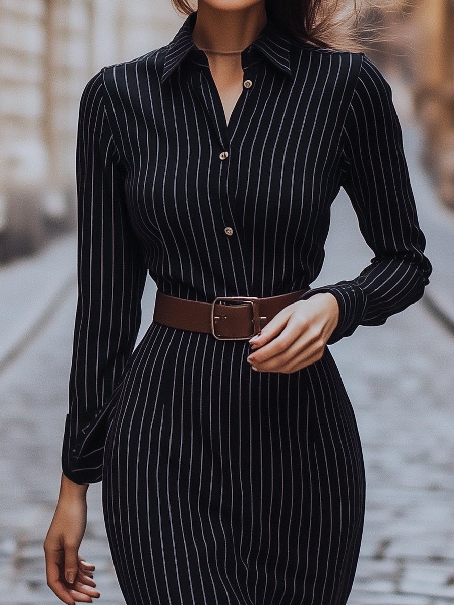 Classic Black Pinstripe Shirt Dress MollyBoo