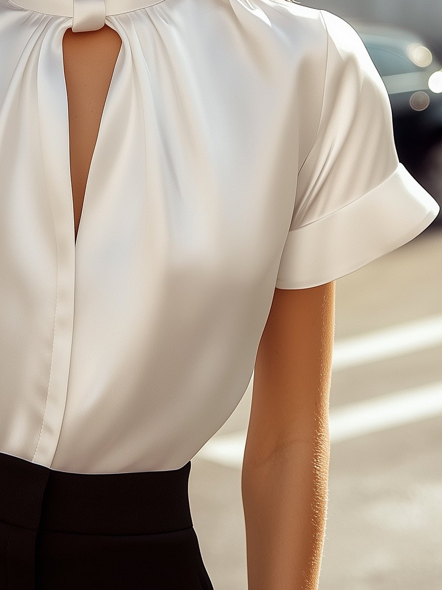 Sophisticated White Satin Blouse with Modern Keyhole Neckline MollyBoo
