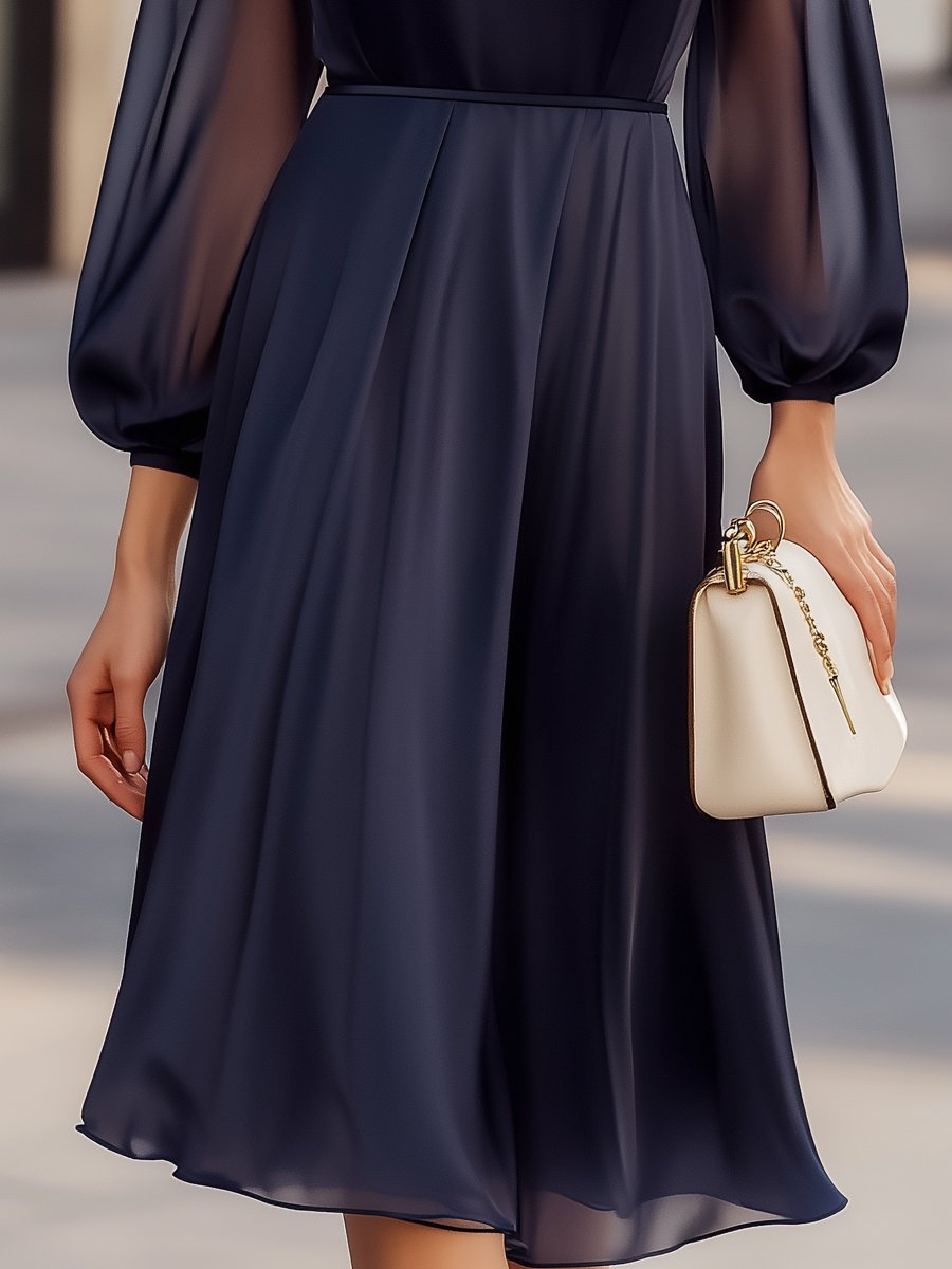 Elegant Navy Chiffon Dress with Sheer Sleeves MollyBoo