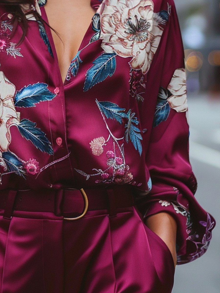 Vibrant Floral Print Burgundy Satin Blouse MollyBoo